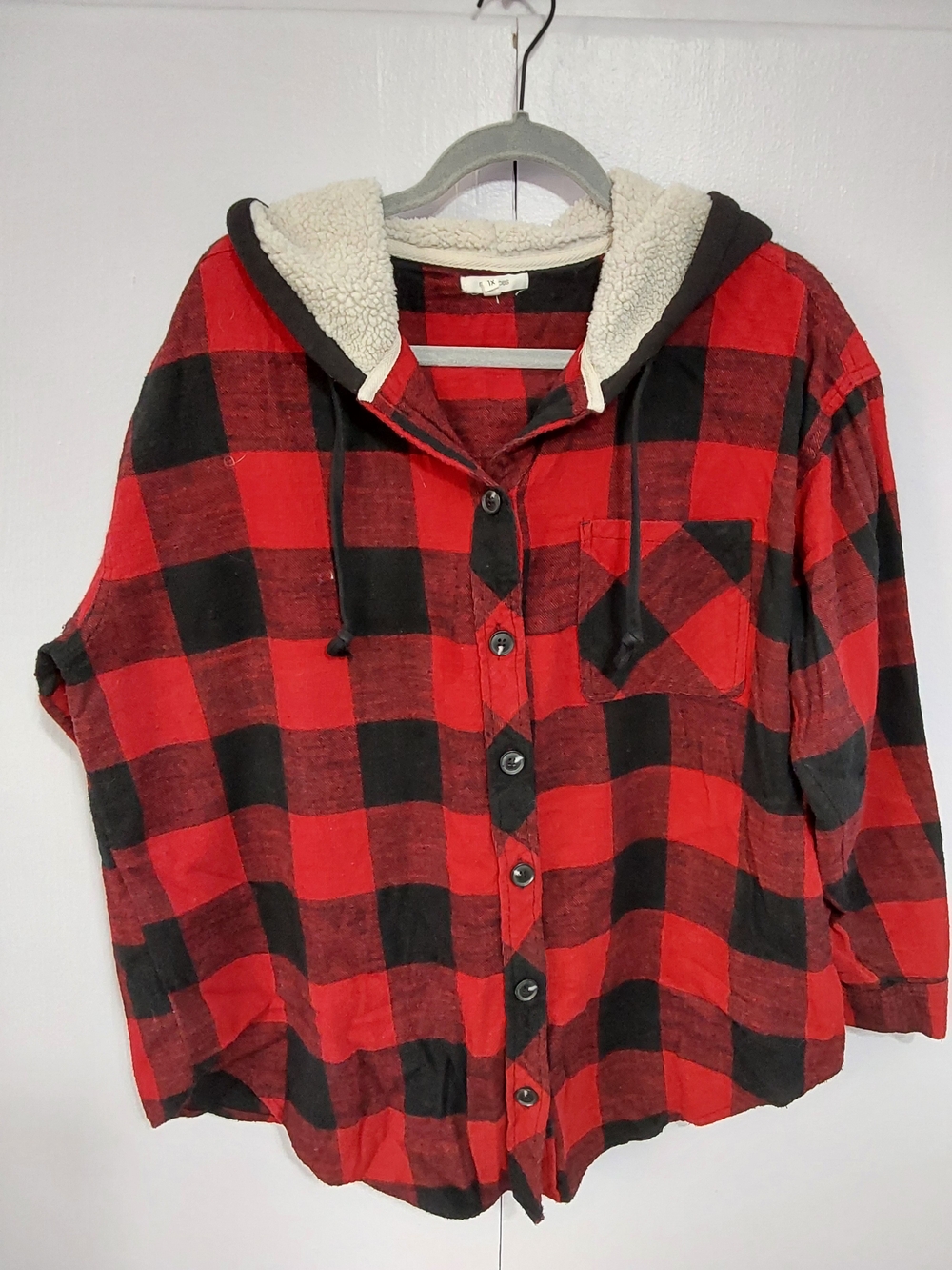 Maurices Red and Black Plaid Button-Down Hooded Shirt